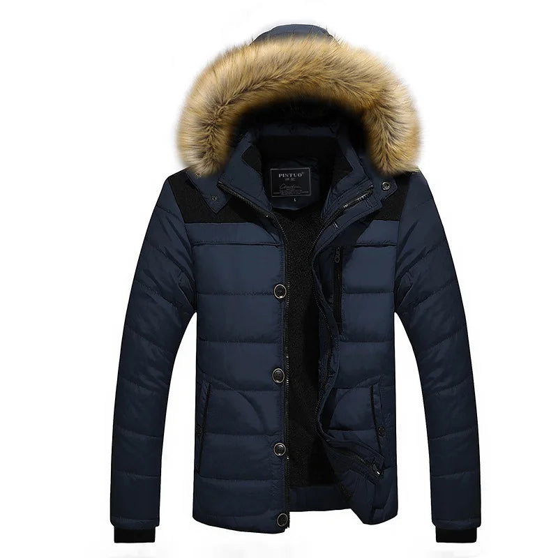 Herren Winterjacke mit Kapuze, Pelzbesatz und Knöpfen – Gefütterte Steppjacke