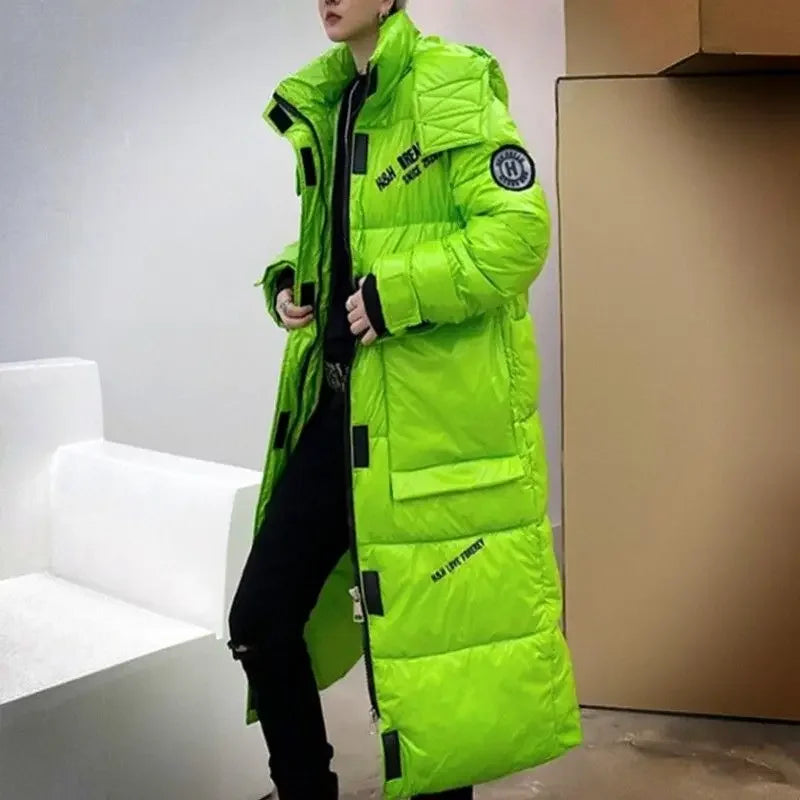 Unisex Langer Puffer Mantel Glänzend Schwarz Winter Jacke