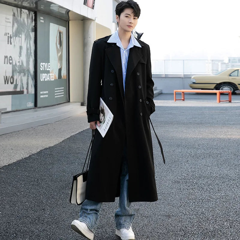Herren Trenchcoat Lang Zweireiher mit Gürtel