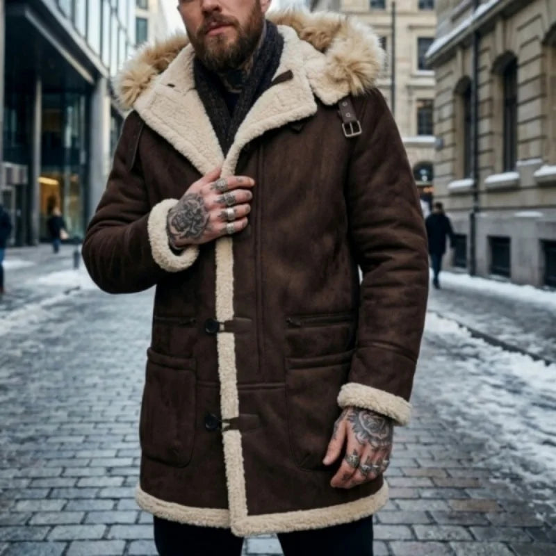 Herren Wintermantel mit Kapuze und Fellimitat-Futter