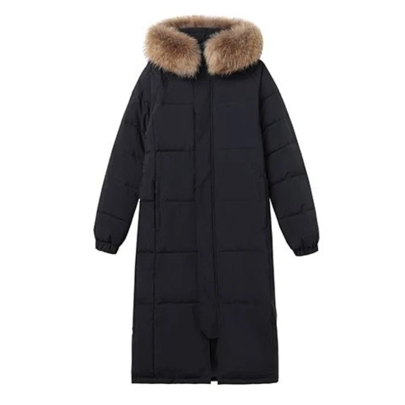 Unisex Langer Steppmantel mit Kapuze und Fellimitatbesatz