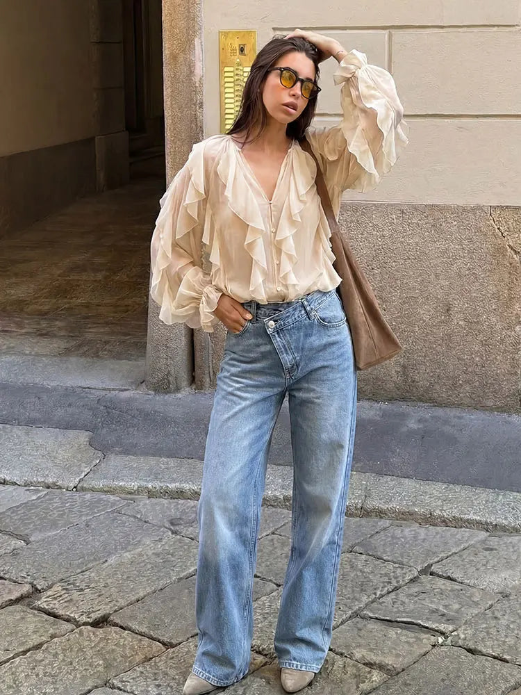 Damen Jeans weites Bein Überlappendes Taillendesign