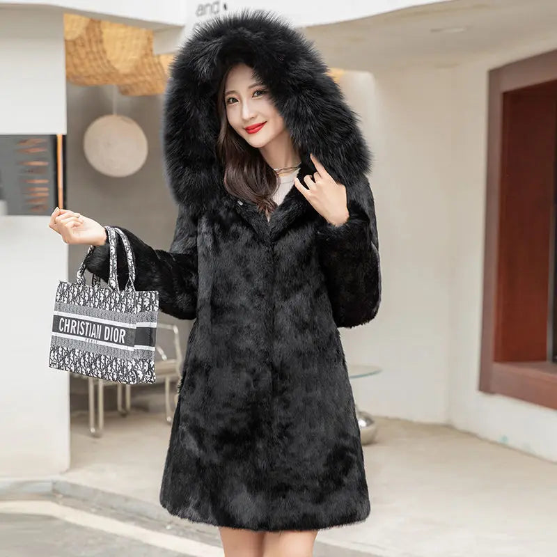 Damen Kurzmantel mit flauschiger Textur Schwarz Langarm Wintermantel mit Kapuze
