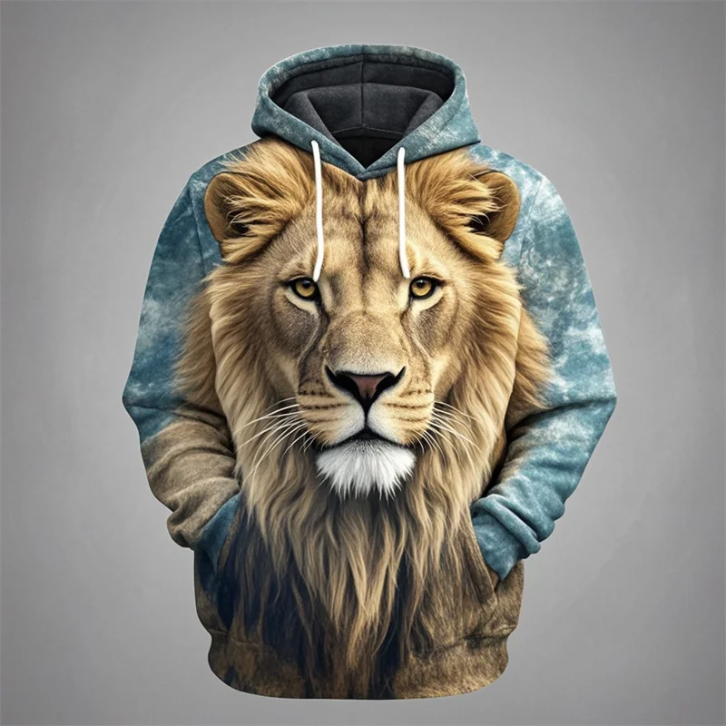 Hoodie met leeuwenkopprint, capuchon en kangoeroezak