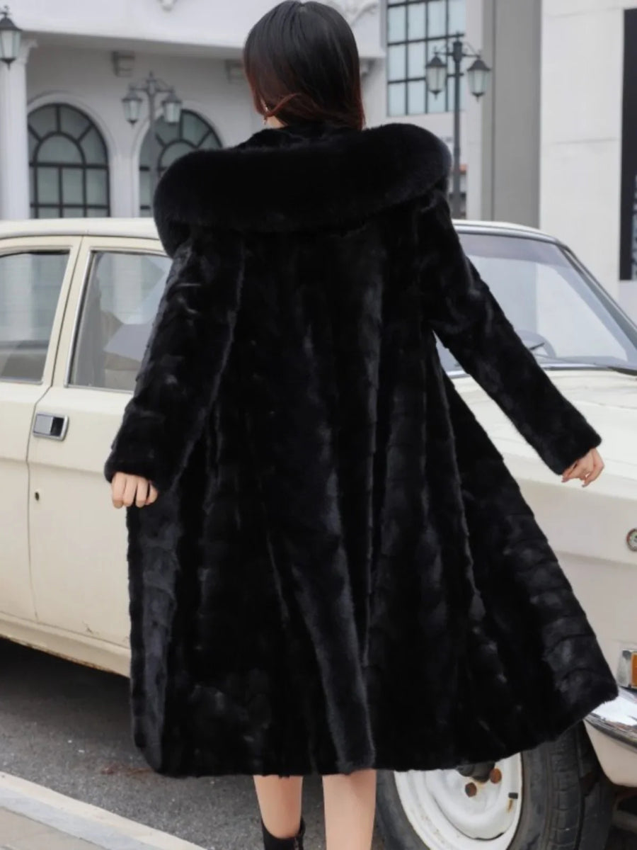 Eleganter Schwarzer Mantel mit Kapuze und Fellimitat-Besatz für Damen