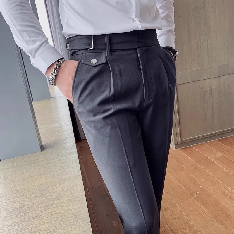 Herren Business Anzughose Slim Fit Bundfalten Hose mit Schnalle