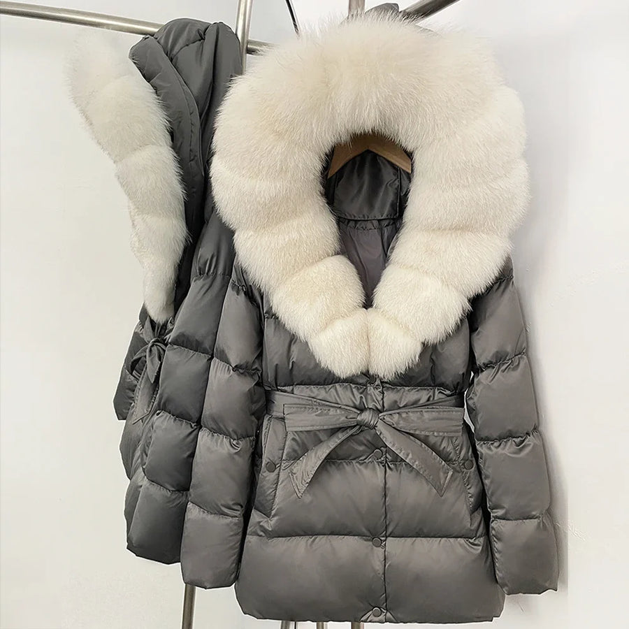 Damen Daunenjacke mit Kunstpelzkragen und Bindegürtel, warme Winterjacke