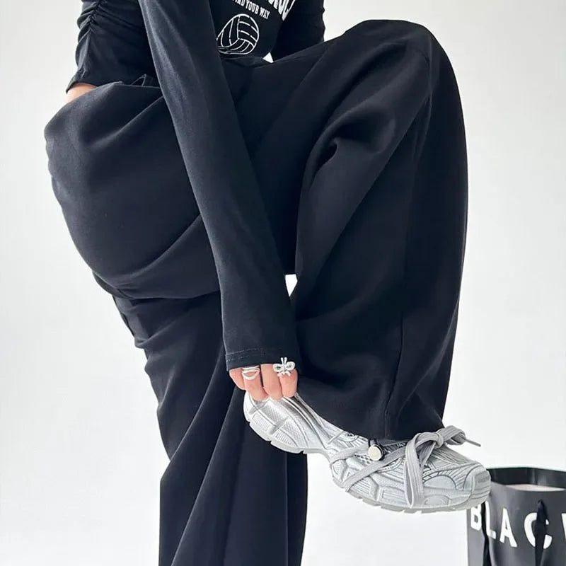 Wijde vrijetijdsbroek voor dames met hoge taille, casual stijl, grijs of zwart