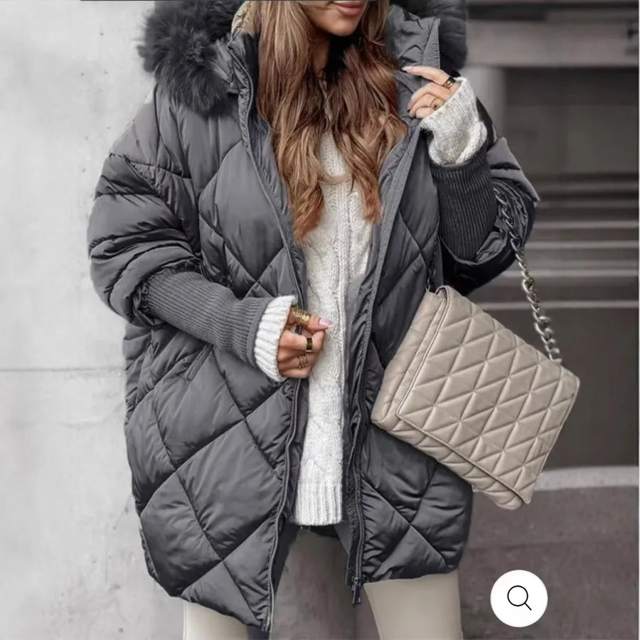 Damen Steppjacke mit Kapuze und Kunstfellbesatz, Raute-Muster, Reißverschluss