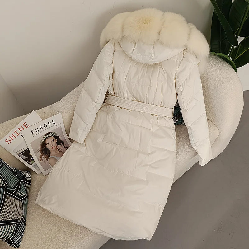 Damen Winter Steppmantel Lang mit Kapuze und Kunstpelzbesatz Gürtel