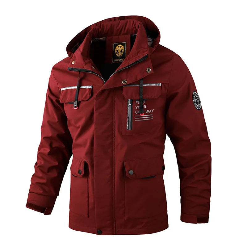 Herren Outdoor Jacke mit Kapuze & Reißverschluss, Winddichte Übergangsjacke mit Taschen