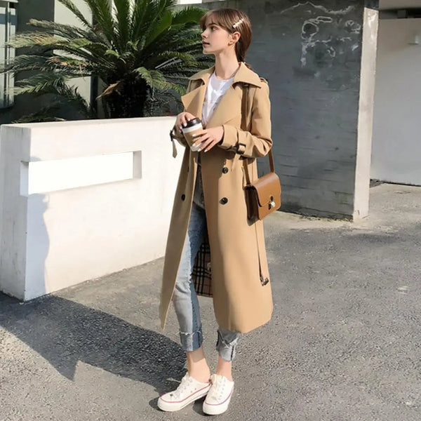 Dames lange double-breasted trenchcoat met ceintuur, beige