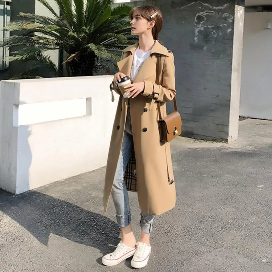Damen Trenchcoat Lang Zweireihig mit Gürtel Beige