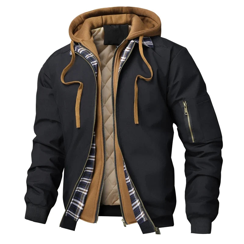 Herren Bomberjacke mit Kapuze, gesteppt, Schwarz