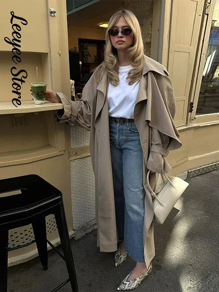Damen Trenchcoat Oversize mit Bindegürtel Beige