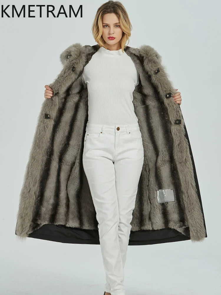 Langer Winterparka Damen Schwarz mit Kapuze und Fellimitat-Futter