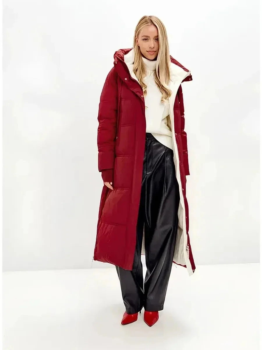 Damen Langer Steppmantel mit Kapuze Rot