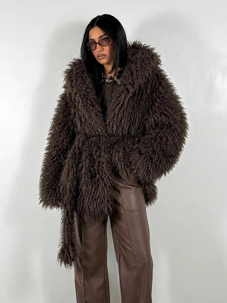 Damen Shaggy Jacke mit Kapuze und Bindegürtel, Lockiges Plüschmaterial