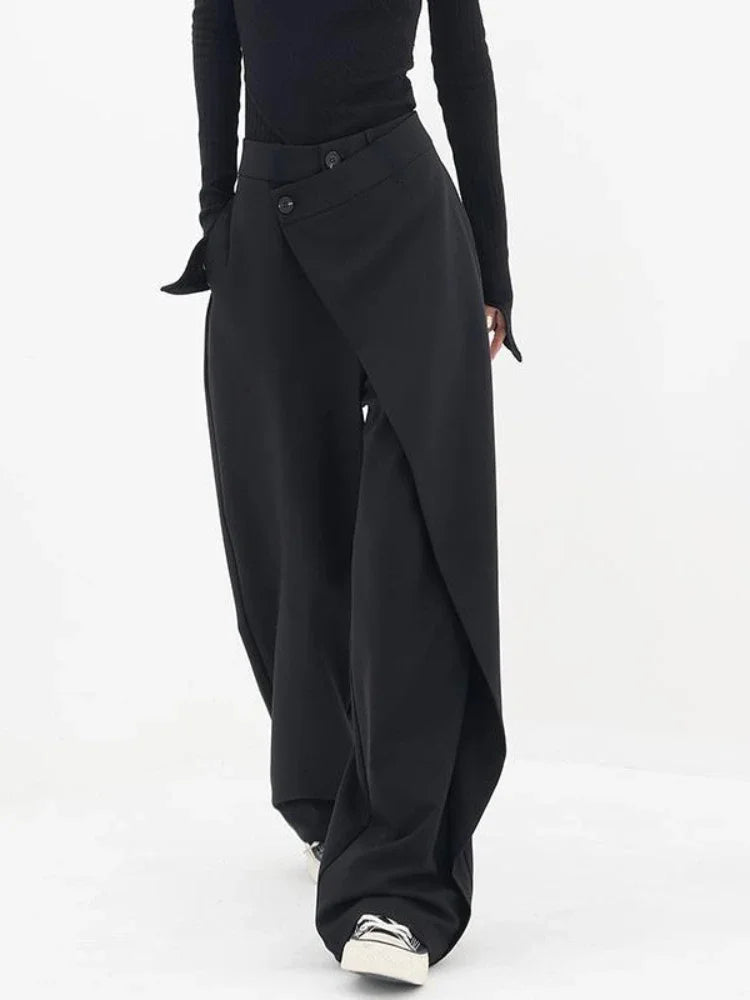 Zwarte wijde broek met wikkelontwerp en knoopsluiting