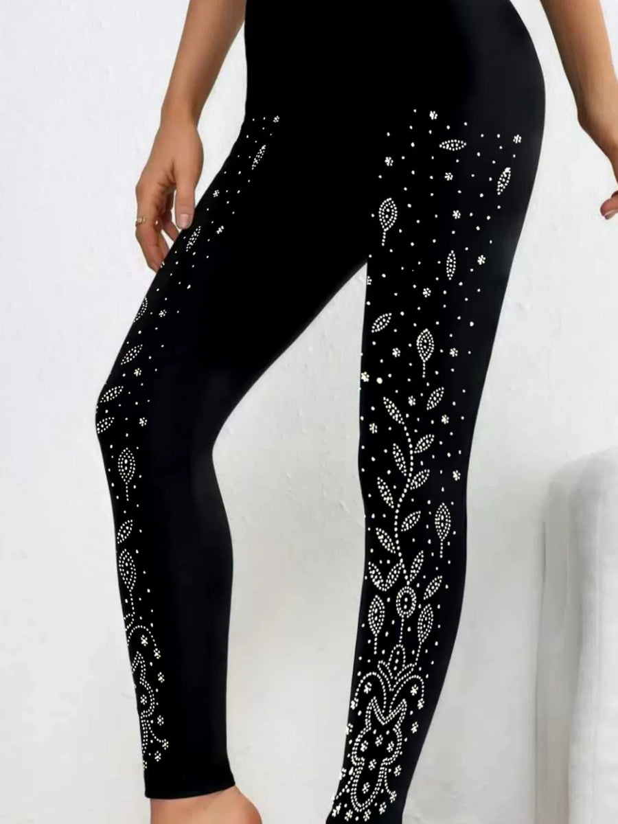 Zwarte dameslegging met glittersteenpatroon en strassteentjes, hoge taille