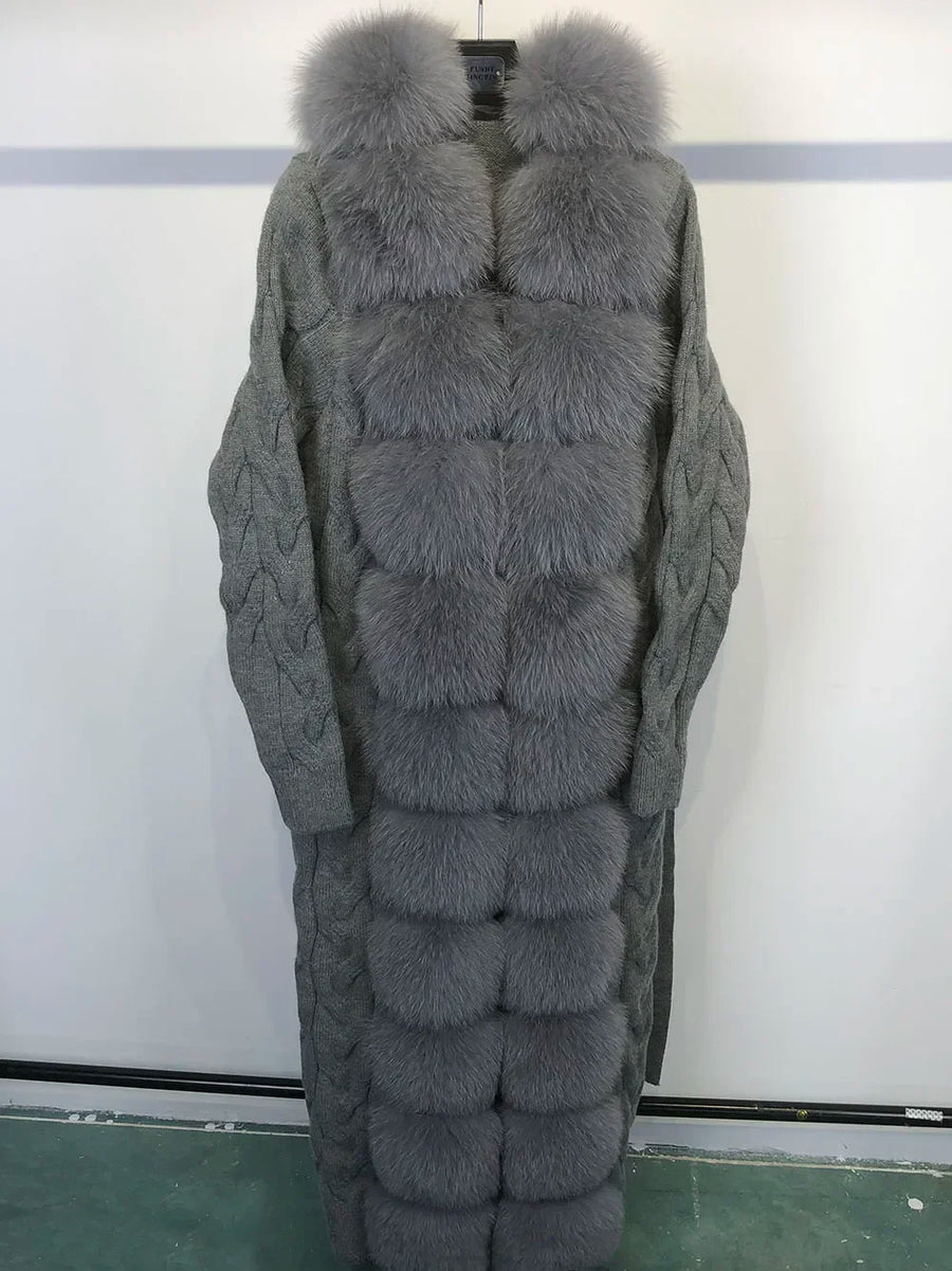 Damen Strickmantel lang mit Kunstpelzbesatz