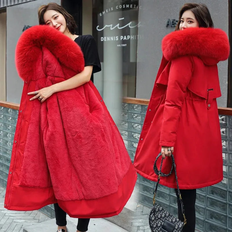 Winterparka Damen mit Pelzbesatz Kapuze und Fleecefutter Warm
