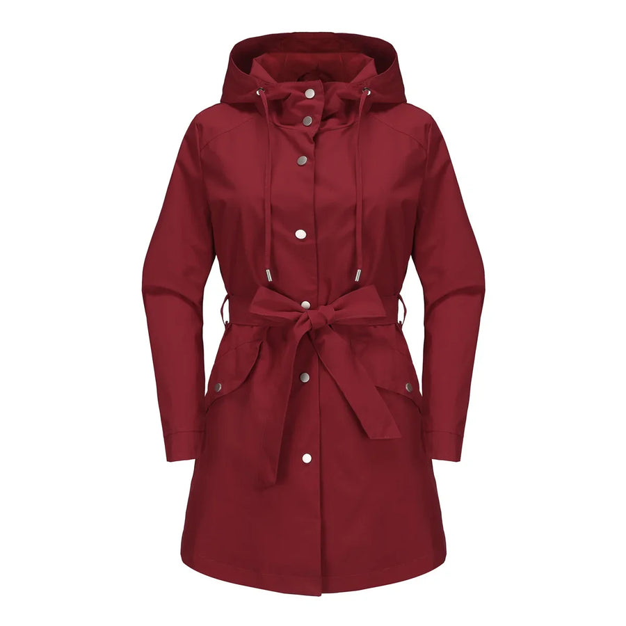 Damen Regenjacke mit Kapuze und Bindegürtel, Beige