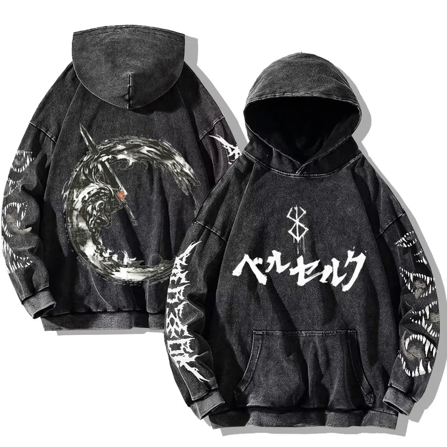 Vintage hoodie met capuchon en kangoeroezak – Berserk-print