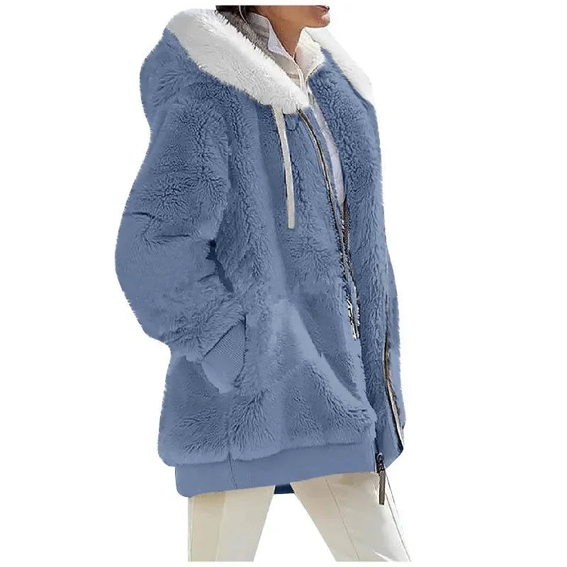 Teddy-Fleece Jacke mit Kapuze und Reißverschluss, flauschig warm