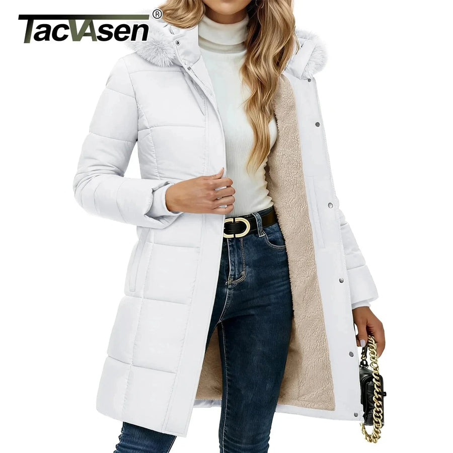 Damen Winter Steppjacke lang gefüttert mit Kapuze und Fellimitat in Weiß