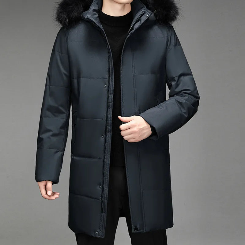 Herren Winter Parka lang mit Kapuze und Fellimitat dunkelgrau