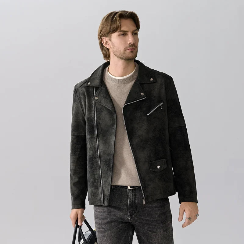 Herren Bikerjacke Wildleder-Optik Asymmetrischer Reißverschluss