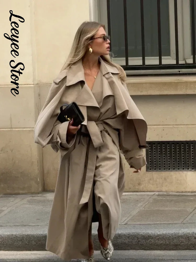 Damen Trenchcoat Oversize mit Bindegürtel Beige