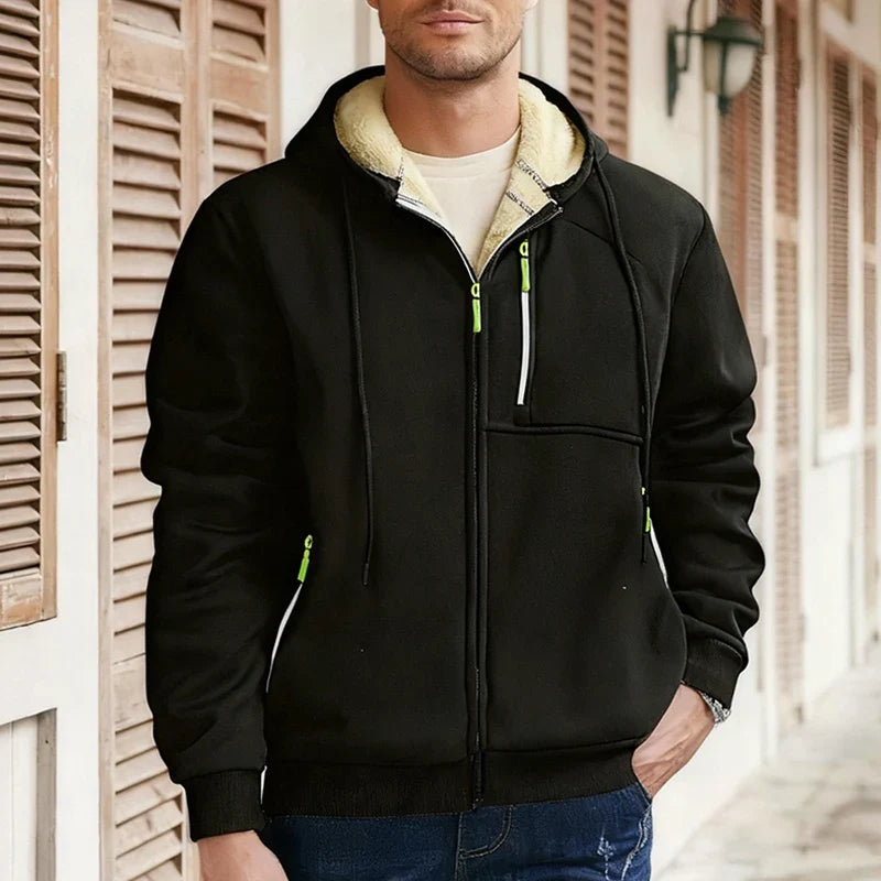 Hoodie mit Reißverschluss und Plüschfutter für Herren, warm, Schwarz