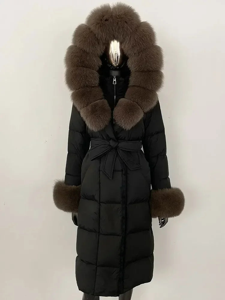 Damen Daunenmantel Lang mit Kapuze und Pelzbesatz Gürtel Steppjacke Warm