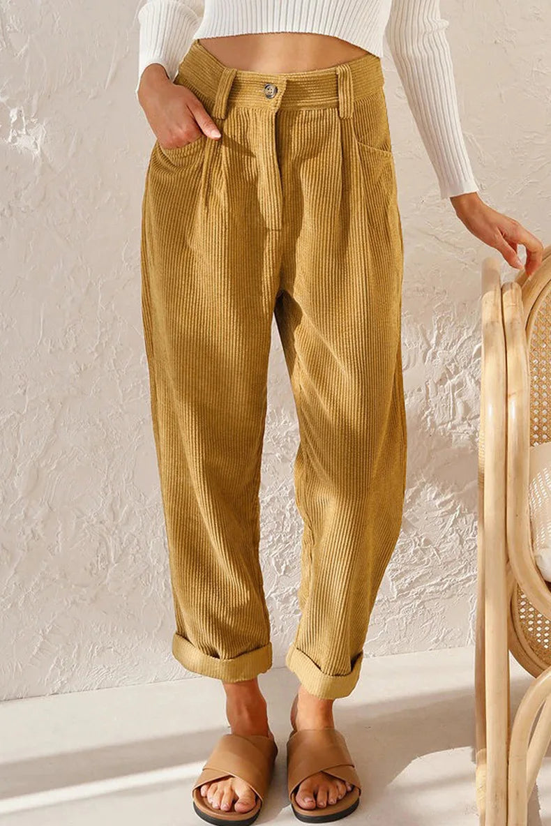Damen Cordhose mit hoher Taille, weitem Bein und Falten, umgeschlagener Saum, Freizeit-Look