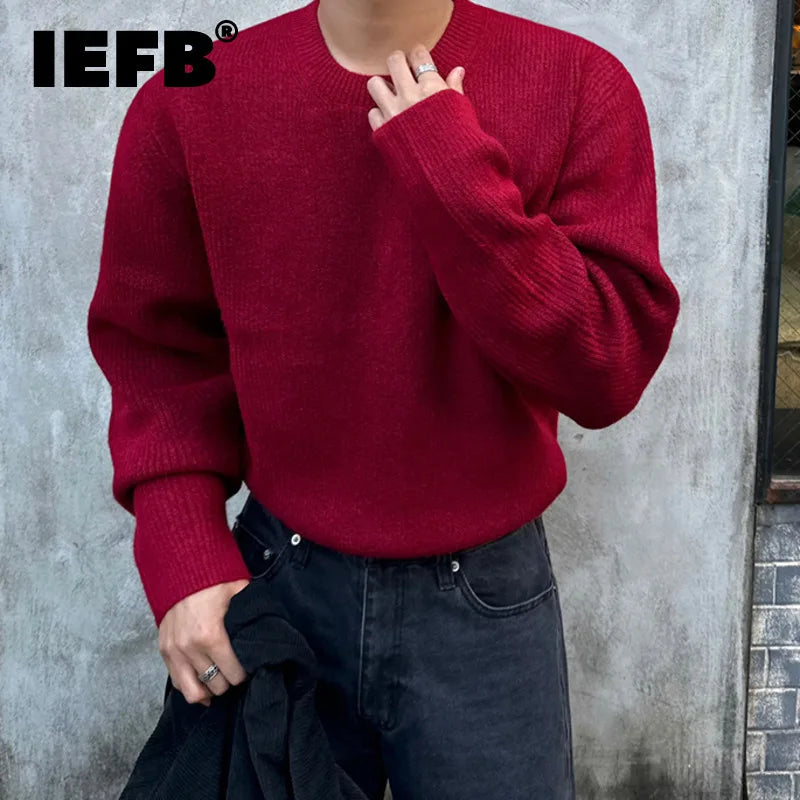 Herren Rundhals Pullover Grobstrick Rot
