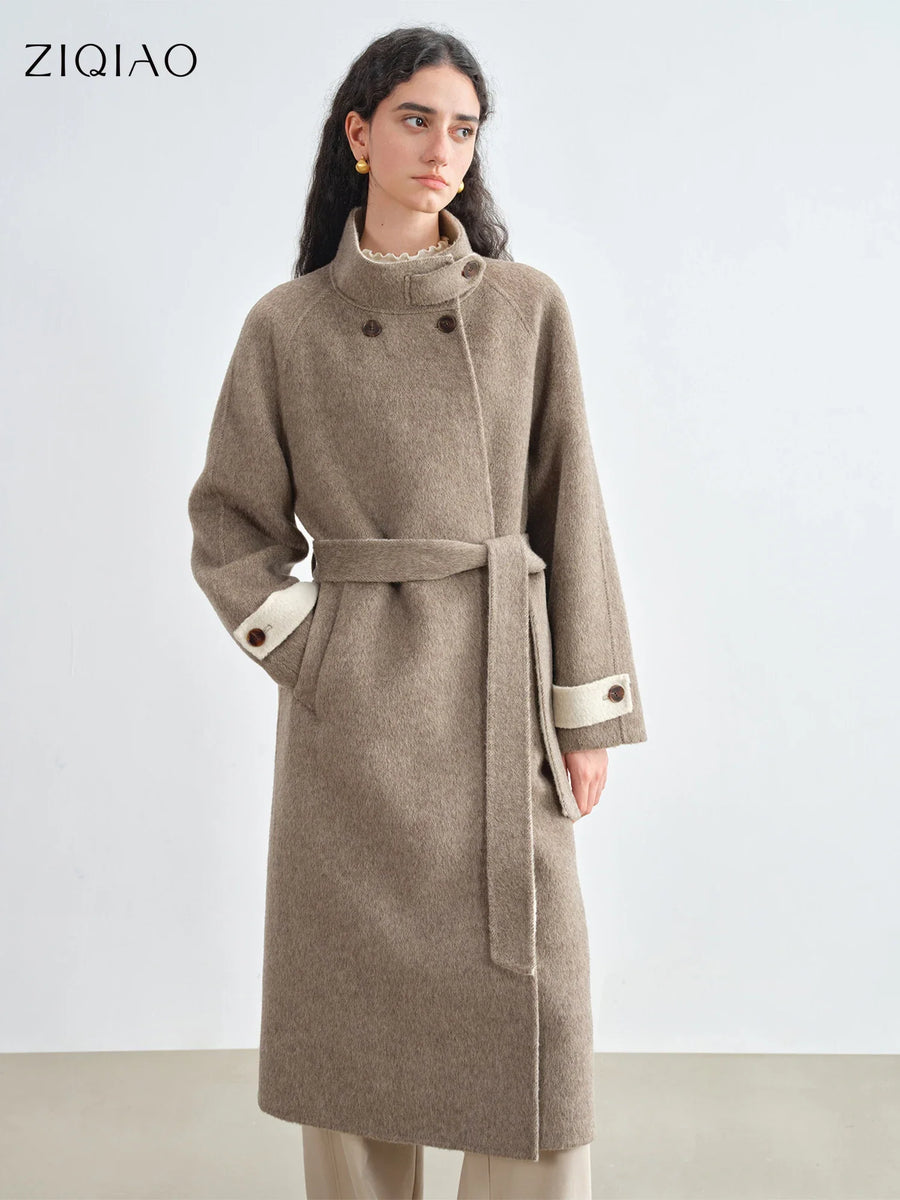Damen Langer Wollmantel Braun mit Bindegürtel und Stehkragen