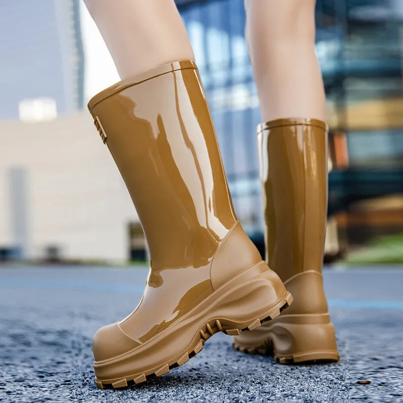 Unisex glanzende hoge regenlaarzen met profielzool