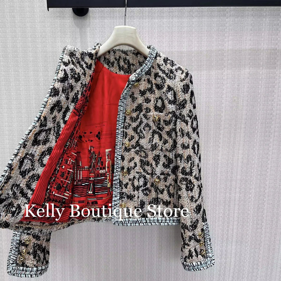 Damen Tweed-Jacke Leopardenmuster Rundhals Kurzjacke