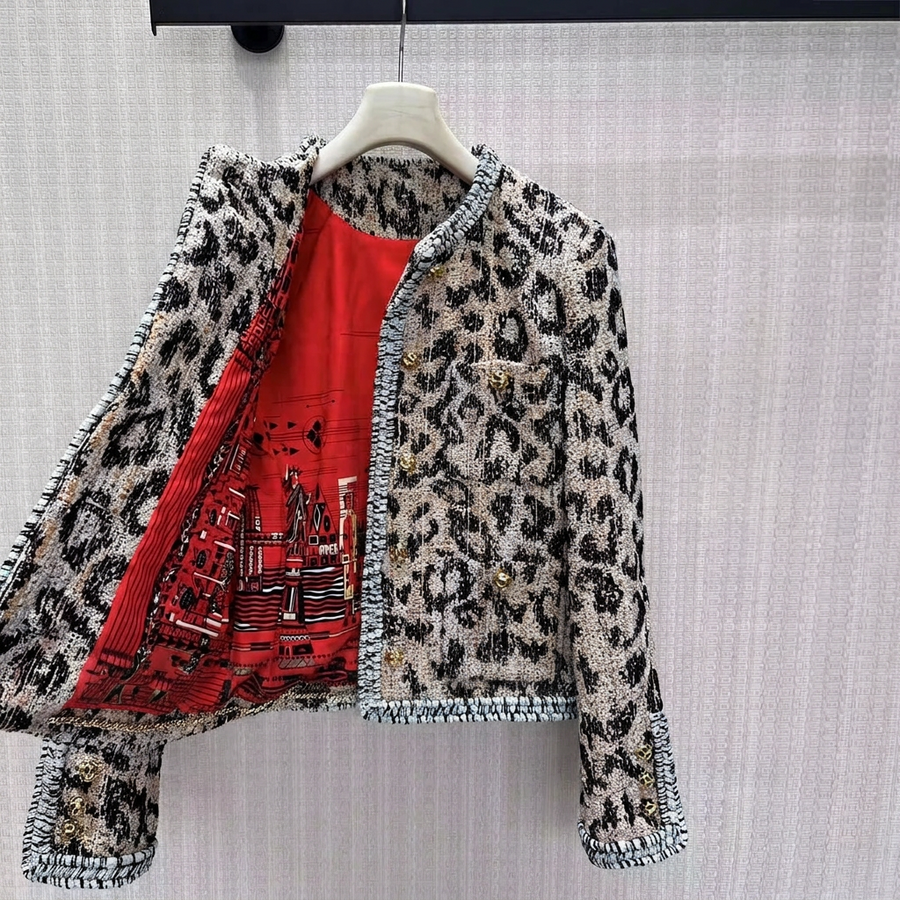 Damen Tweed-Jacke Leopardenmuster Rundhals Kurzjacke