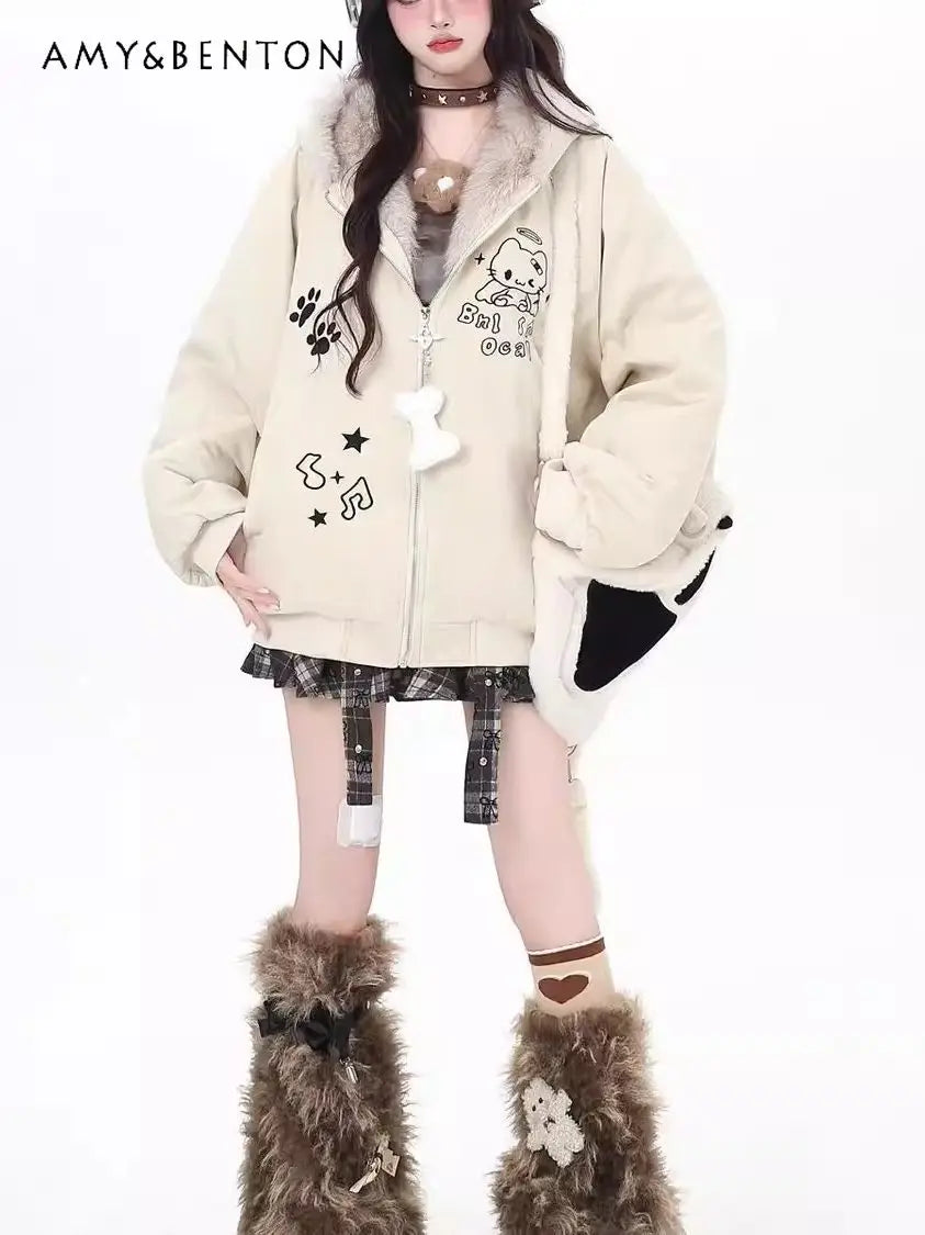 Damen Jacke mit Kapuze, Teddy-Ohren und Pelzimitat Futter