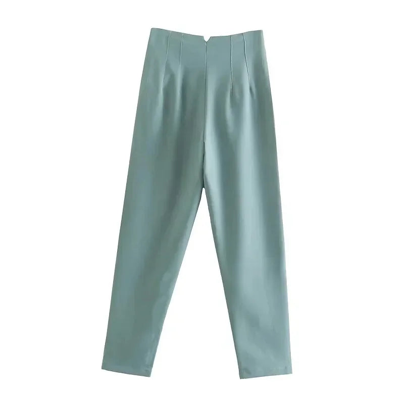 Damesbroek van stof met hoge taille in wortelmodel