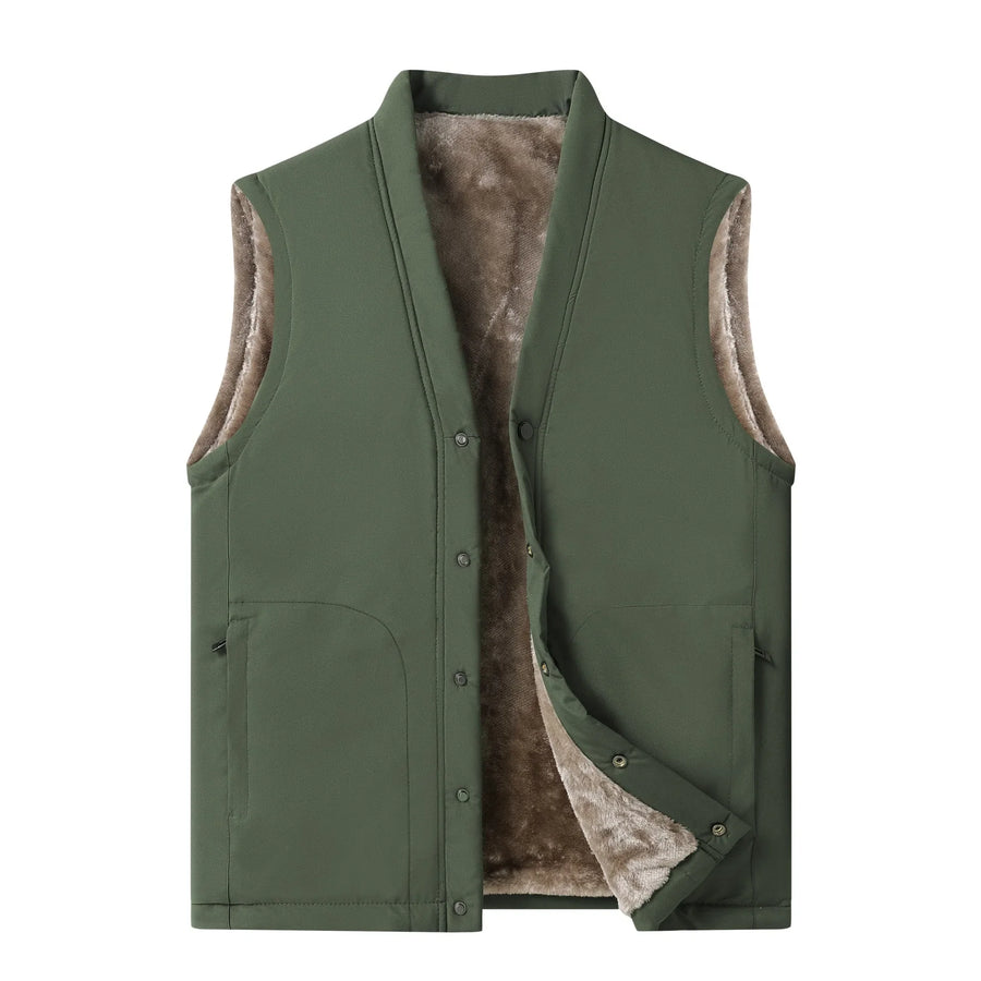 Herenbodywarmer met pluche voering, knoopsluiting en V-hals, olijfgroen