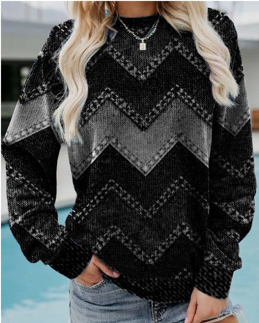 Damen Pullover mit V-förmigem Zickzack-Muster und runden Halsausschnitt