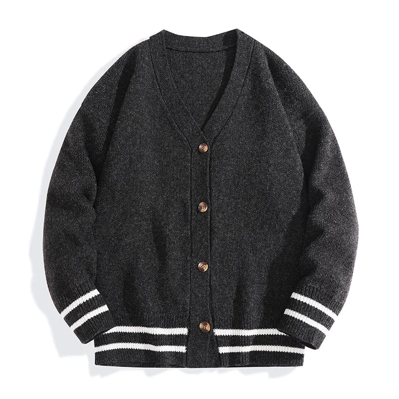 Unisex gebreid vest met V-hals, knoopsluiting en gestreepte mouwen