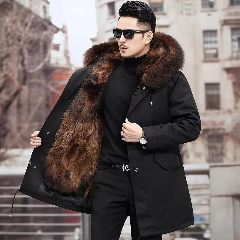 Herren Winterparka Schwarz mit Kapuze und Plüschfutter