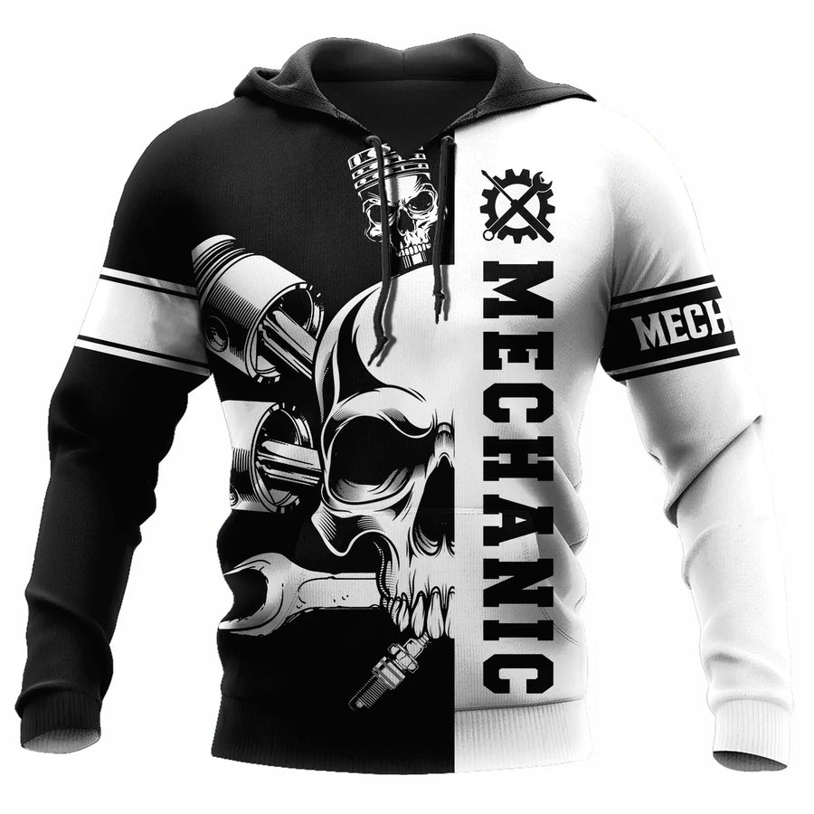 Kapuzenpullover Herren Hoodie Mechaniker-Design Motor Kolben Werkzeug Schwarz Grau