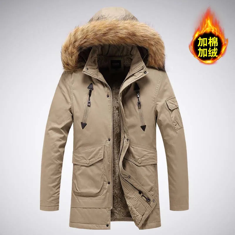 Herren Winterparka mit Kapuze und Fellimitatbesatz, warm gefüttert, langarm, Reißverschluss