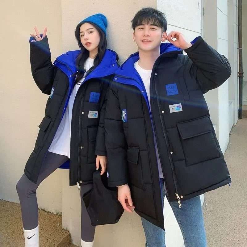 Unisex Winterjacke gepolstert mit Kapuze Schwarz Blau Wendbar